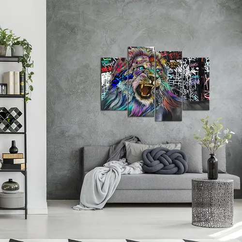 Vista 4 de Cuadro de 4 paneles de graffiti en lienzo de animales para decoración de pared, arte abstracto del rey león, lienzo enmarcado en blanco y negro