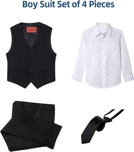 Vista 3 de Traje de chaleco para niño de 4 piezas, ajustado, chaleco y pantalones, conjunto de ropa de vestir con anillo