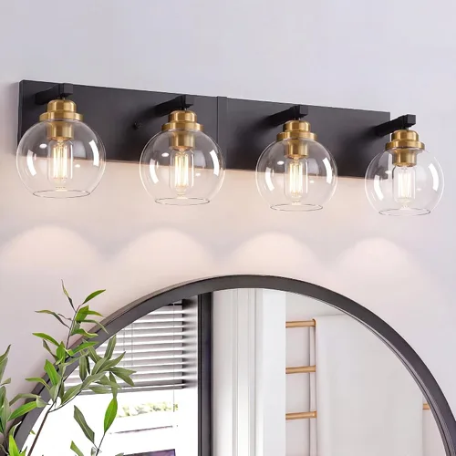 Vista 11 de LmnLvn Lámparas de baño, 3 luces de tocador de color negro mate, modernas lámparas de baño sobre espejo, luces de tocador de granja con pantalla