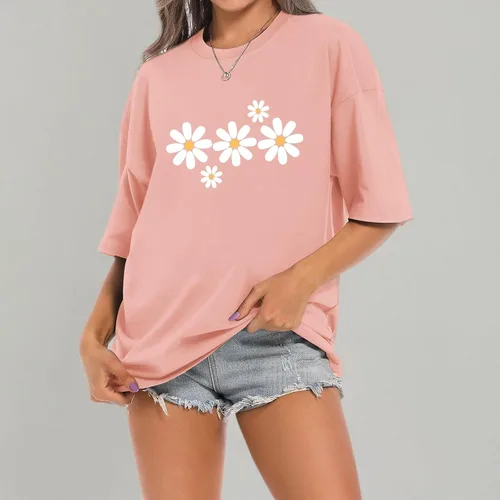Vista 6 de Faktuzi - Camisas de margaritas para mujer, camisetas de gran tamaño, camisetas gráficas de flores, camisetas vintage con estampado floral y cuello