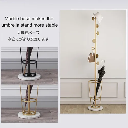 Vista 4 de Soporte de metal para paraguas con perchero, soporte para paraguas para entrada con base de mármol, perchero con soporte para paraguas, perchero
