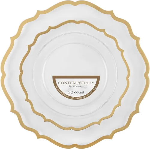 Vista 17 de PLASTICPRO Juego de 32 elegantes platos desechables de plástico que incluye 16 platos llanos y 16 platos de ensalada, platos de fiesta resistentes