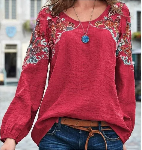 Vista 2 de Blusa mexicana de manga larga para mujer, cuello redondo, bordada, camisetas campesinas sueltas de lino