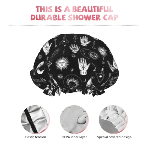 Vista 5 de Gorro de ducha gótico, cuervo, cuervo, calavera, luna, estrella, gótico, gorra de baño diseñada para mujeres, impermeable, doble capa