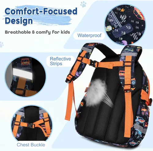 Vista 5 de Mochila infantil para niñas de 4 a 8 años, Blackorange-camión, Lindo