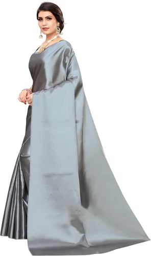Vista 2 de Mithila Root Sari de seda de satén indio para mujer, patrón sólido, con pieza de blusa sin coser