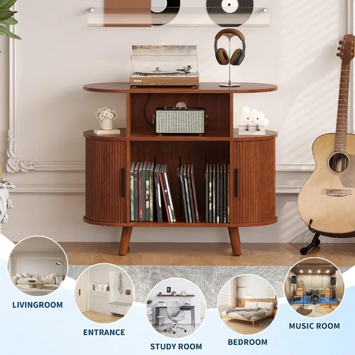 Vista 4 de GarveeHome Soporte redondo grande para tocadiscos con estación de carga y puertos USB, soporte para tocadiscos de vinilo rústico, gabinete