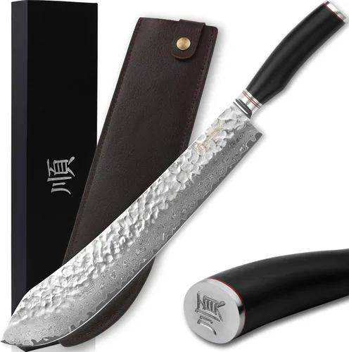 Vista 10 de YOUSUNLONG Cuchillo de carnicero de nariz de toro de 8 pulgadas, japonés de 67 capas, acero de damasco martillado con mango de madera de plomo