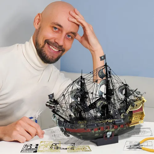 Vista 3 de Piececool - Rompecabezas de metal 3D para adultos, kits de construcción de modelos de barco pirata de La Reina Ana la Venganza, kit de construcción