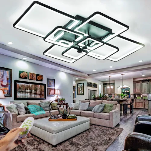 Vista 9 de Lámpara de techo regulable, moderna lámpara de techo LED negra, lámpara de sala de estar de 78 W con 6 diseños geométricos rectangulares
