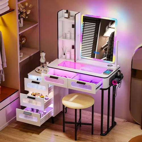 Vista 13 de Gurexl Escritorio LED de maquillaje con luces, juego de tocador con estación de carga, tocador LED con 3 cajones de almacenamiento para dormitorio