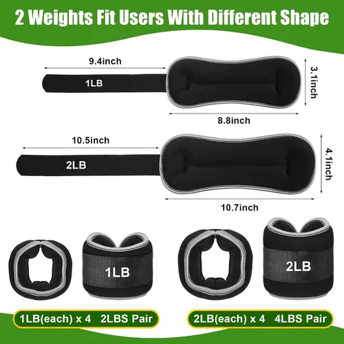 Vista 2 de Hollowfly Juego de 4 pares de pesas ajustables para tobillo y pierna para mujeres y hombres, 1 libra y 2 libras de peso para muñeca, brazo, fitness
