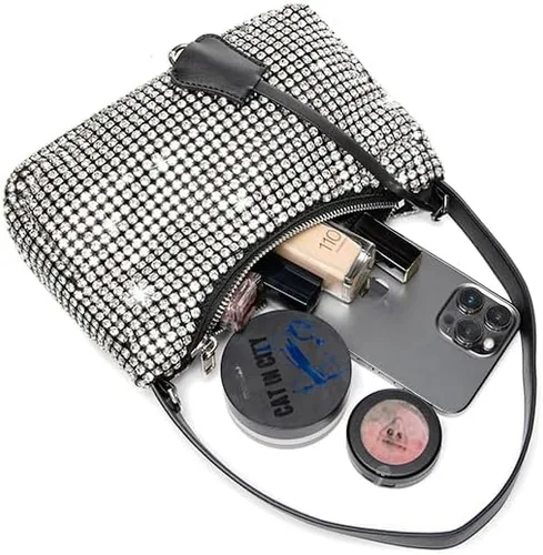 Vista 2 de Bolsos de noche para mujer, bolso de noche con diamantes de imitación plateados, brillante para graduación, cóctel, fiesta, boda, compromiso.
