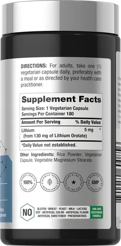 Vista 2 de Horbäach Orotato de litio 130 mg 180 cápsulas Sin OMG, sin gluten, vegano 5 mg de litio elemental biodisponible