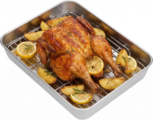 Vista 10 de Plplaaoo Sartén para asar con estante, sartén de acero inoxidable para pavos de 2 pulgadas de profundidad, sartén grande para asar, fácil