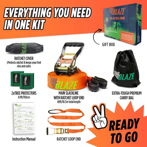 Vista 4 de Kit completo de ninja Slackline – Línea de holgura de 60 pies para patio trasero para niños y adultos – Kit de protección de árboles más anchos