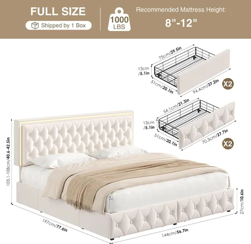 Vista 2 de Keyluv - Base de cama tapizada completa con LED, con 4 cajones, cama de plataforma de terciopelo con cabecera ajustable tapizada con botones