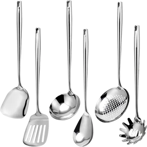 Vista 9 de VALESKA Juego de 6 utensilios de cocina de acero inoxidable, juego de utensilios de cocina de metal, incluye espátula Wok de acero inoxidable