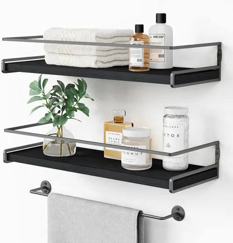 Vista 11 de Forbena - Estantes flotantes de baño montados en la pared, estantes blancos y dorados estéticos para accesorios de baño, organizador de baño moderno