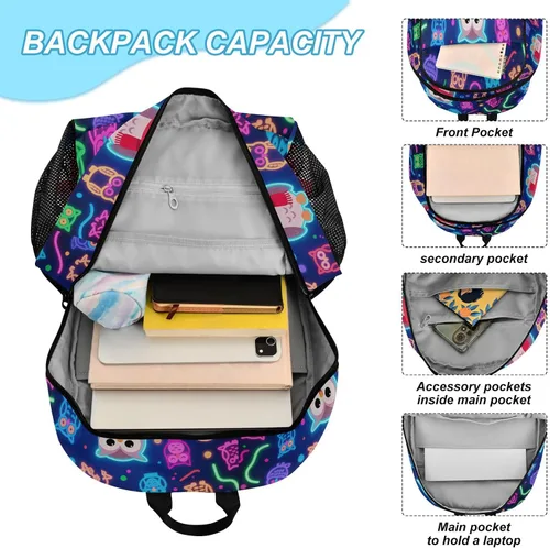 Vista 4 de Neon Owl Colorful Dark Blue Book Bags Para Niños Con Bolsa De Almuerzo Mochila Escolar Niños Con Lonchera 9-10 años mochilas y loncheras escolares