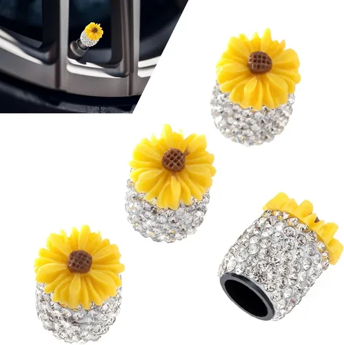 Vista 8 de 4 piezas de tapas de vástago de válvula brillantes, lindas válvulas de rueda de automóvil con flores de Sakura, atractivas cubiertas de aire