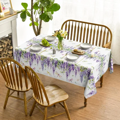 Vista 2 de Horaldaily Mantel rectangular de 52×70 pulgadas, morado lavanda Cubierta de mesa lavable de temporada con hojas de libélula floral para cocina