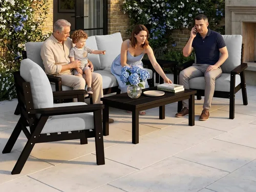 Vista 8 de PLUUV Juego de muebles de patio al aire libre HDPE, 7 piezas, marco negro Marco negro/cojín gris