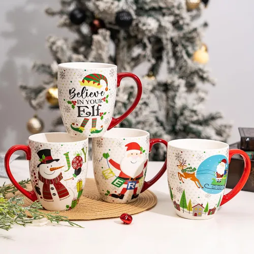 Vista 2 de Topadorn Juego de 4 Tazas Navideñas, Tazas de Café Festivas con Asa, Tazas de Café de Cerámica de 18 oz - Regalo para Familia y Amigos, Ideal