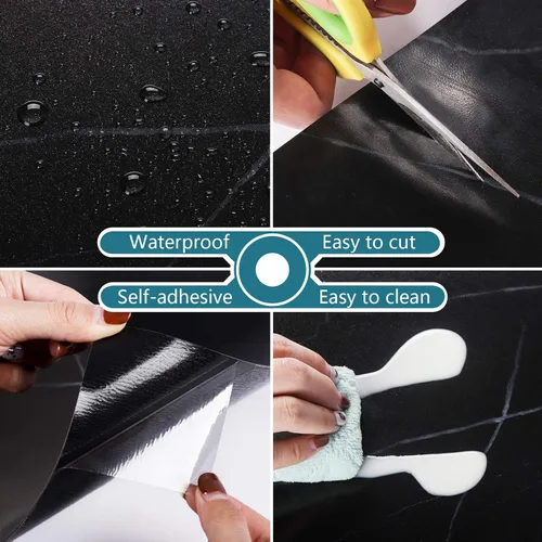 Vista 7 de VEELIKE Azulejos de suelo de mármol negro de 12 x 24 pulgadas para despegar y pegar, para baño, impermeables, autoadhesivas, calcomanías de vinilo