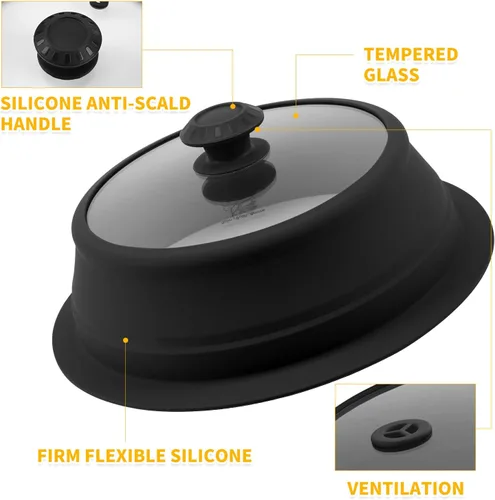 Vista 9 de Tapa plegable para salpicaduras de microondas con cubierta de vidrio templado ventilado, tapa wok apta para microondas, olla de vapor y olla redonda