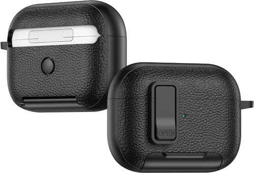 Vista 7 de Funda de cuero con clip de bloqueo para AirPods Pro 2ª/1ª con mosquetón, soporte de carga inalámbrica con soporte, cubierta de protección resistente
