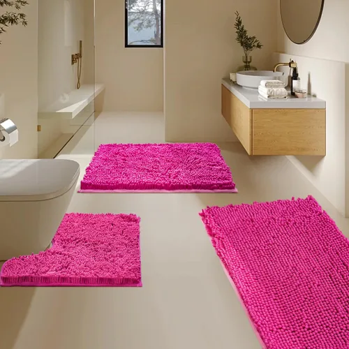 Vista 26 de Juego de 3 alfombras de baño de felpilla ultrasuave, antideslizante y súper absorbente, parte inferior de PVC fuerte, lavable a máquina, para Negro