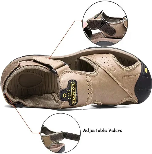 Vista 3 de VISIONREAST Sandalias de cuero para hombre, sandalias de senderismo al aire libre, impermeables, atléticas, zapatos de playa de pescador, sandalias