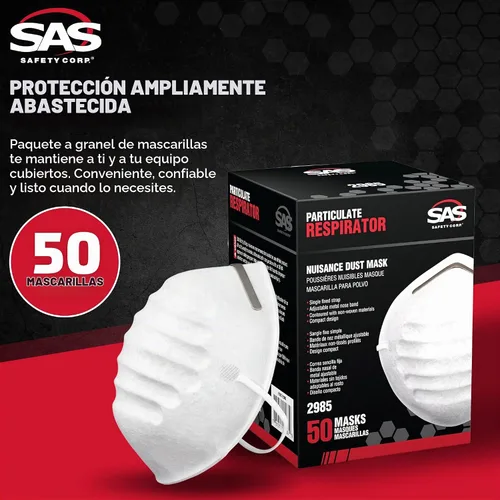 Vista 3 de SAS Safety 2985 Máscara antipolvo no tóxica, caja de 50