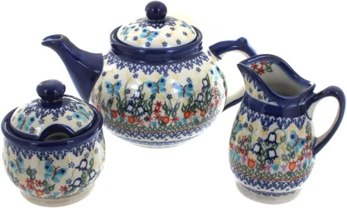 Vista 8 de Cerámica polaca de rosa azul, juego de té de 3 piezas de flor de manzana, tetera de 4 tazas, cerámica polaca pintada a mano, servicio de café y té