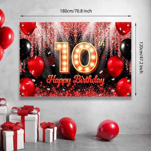 Vista 5 de Telón de Fondo Banner de Feliz 10º Cumpleaños Tema Negro y Rojo con Fondo de Neón Brillante y Moda para Fiesta de Cumpleaños Fotografía Accesorio
