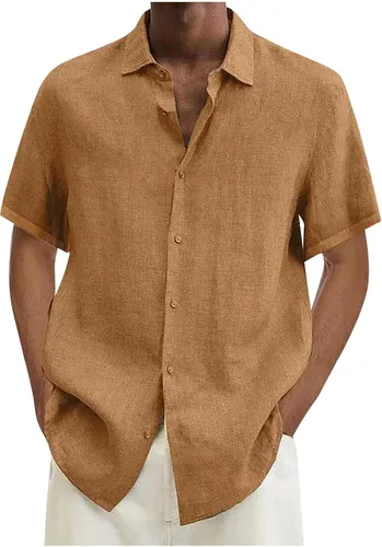Vista 3 de Ymosrh Camisa de manga larga para hombre, casual, de algodón, lino, color liso, holgada, térmica, pesada
