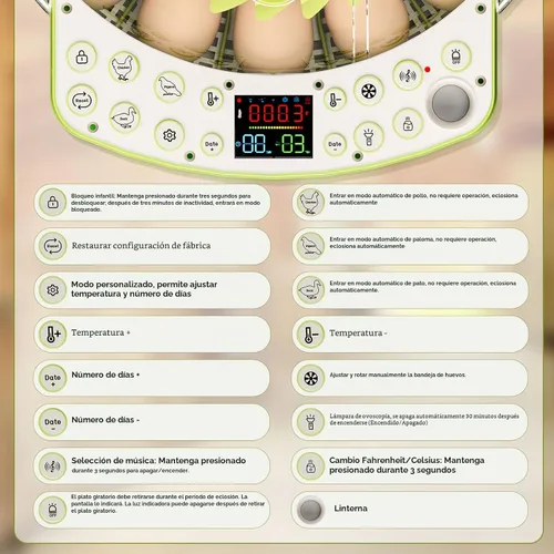 Vista 4 de Incubadora inteligente de 22 huevos, eclosión con un solo clic, control automático de humedad de temperatura, girador automático de huevos, vela