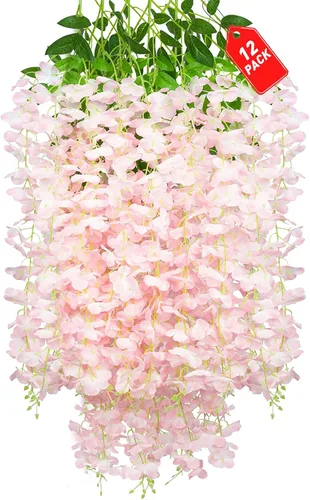 Vista 40 de Paquete de 12 flores colgantes de glicina rosa, flores colgantes falsas de 3.44 pies, guirnalda de glicina artificial para decoración de boda, telón