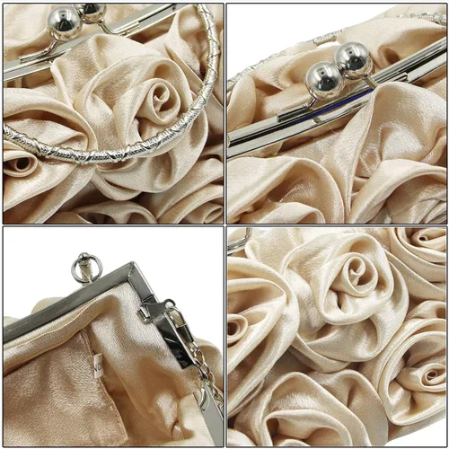 Vista 6 de RARITYUS Bolso de noche para mujer con forma de rosa de satén sedoso con elegante asa de metal para fiesta, boda