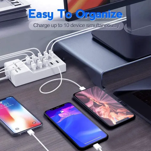 Vista 4 de Estaciones de carga USB 50w10A 10 puertos múltiples bloque de carga/tira USB de alimentación para iPhone, Android, smartphone, tableta, reloj