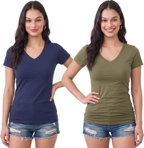 Vista 193 de Emmalise Camiseta de manga corta para mujer, cuello en V, tallas junior y plus