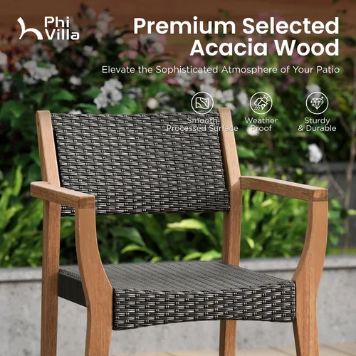 Vista 2 de PHI VILLA Juego de 2 sillas de madera de acacia para exteriores, sillones de comedor resistentes con respaldo y asiento de mimbre, muebles