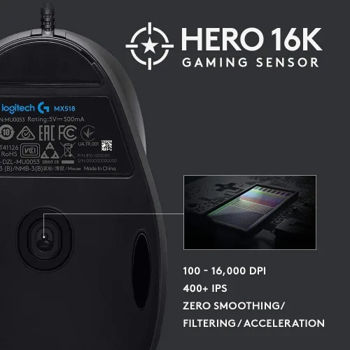 Vista 4 de Logitech G MX518 Gaming Mouse Hero 25K Sensor, 25,600 DPI, procesador ARM, 8 botones programables - NegroGris