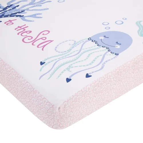 Vista 2 de NoJo Mermaid Lagoon - Sábana bajera ajustable para cuna, color rosa, azul y blanco, 100% algodón con foto