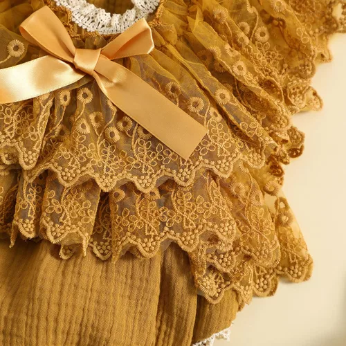 Vista 5 de Mameluco de burbujas para bebé niña con encaje y tutú con mangas con volantes, traje de verano