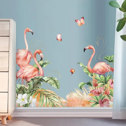 Vista 6 de RW-C328 Calcomanías de pared de flamenco rosa, plantas verdes tropicales, flores, calcomanías de pared para bricolaje, flamenco, floral, mariposa