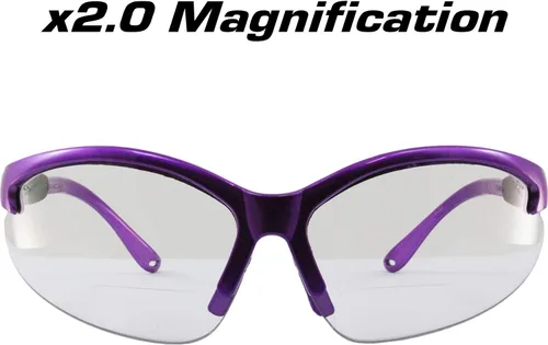 Vista 2 de Birdz Gafas Flamingo - Lentes de seguridad para el trabajo, bifocales, montura púrpura + lentes transparentes de aumento 2.0
