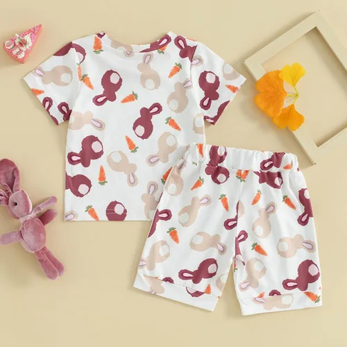 Vista 7 de Muasaaluxi Traje de Pascua para bebé, niña, niño, camiseta de manga corta con diseño de conejo, zanahoria, pantalones cortos para correr, 2 piezas