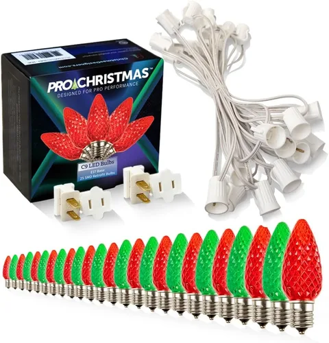 Vista 45 de Pro Christmas - Kit de luces C9 para exteriores, blanco cálido, cable verde, 50 bombillas, 50 pies